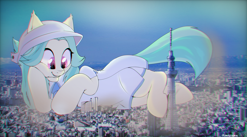 Size: 2879x1599 | Tagged: suggestive, artist:lustrebeam, derpibooru import, oc, oc:lustrebeam, pony, city, cityscape, clothes, destruction, dress, female, giantess, hat, hooves, image, macro, magenta eyes, micro, png, smiling, teal mane, tokyo skytower, tokyo skytree