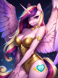 Size: 3072x4096 | Tagged: suggestive, ai content, derpibooru import, machine learning generated, stable diffusion, princess cadance, alicorn, anthro, unguligrade anthro, armor, beautiful, beautisexy, bedroom eyes, belly button, big breasts, breasts, busty princess cadance, cleavage, ethereal mane, female, g4, generator:pony diffusion v6 xl, high res, horn, image, jpeg, looking at you, prompter:xydo, smiling, solo, solo female, stupid sexy princess cadance, thighs, unconvincing armor, wings