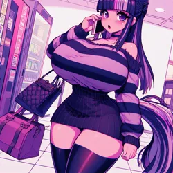 Size: 1024x1024 | Tagged: safe, ai content, derpibooru import, machine learning generated, twilight sparkle, human, bag, big breasts, breasts, busty twilight sparkle, clothes, curvy, female, g4, handbag, hourglass figure, huge breasts, humanized, image, impossibly thin waist, jpeg, manga style, mobile phone, phone, prompter:horselover fat, pullover, purse, sexy, socks, solo, striped, sweater, tail, thigh highs, tight clothing, vending machine, wide hips