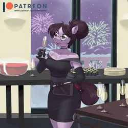 Size: 900x900 | Tagged: safe, artist:kevinsano, derpibooru import, raven, anthro, earth pony, pony, alcohol, champagne, champagne glass, choker, clothes, dress, evening gloves, female, fireworks, food, glass, glasses, gloves, image, long gloves, mare, missing horn, open mouth, png, skirt, solo, sushi, tablet, window, wine, wine glass