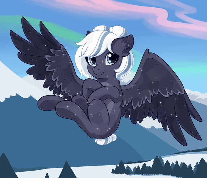 Size: 1461x1260 | Tagged: safe, artist:maravor, derpibooru import, oc, oc:lunara moonstone, unofficial characters only, crystal pony, pegasus, pony, colored wings, commission, crystal empire, crystal pegasus, crystal pony oc, crystallized, cute, female, flying, image, looking at you, mare, mountain, mountain range, ocbetes, pegasus oc, png, sky, snow, solo, spread wings, two toned coat, two toned wings, wings, ych result