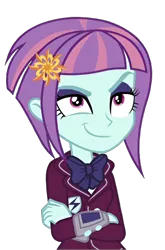 Size: 720x1090 | Tagged: safe, derpibooru import, sunny flare, human, equestria girls, hasbro, image, looking at something, png, simple background, smiling, smirk, solo, transparent background