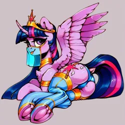 Size: 1024x1024 | Tagged: suggestive, ai content, derpibooru import, machine learning generated, stable diffusion, twilight sparkle, twilight sparkle (alicorn), alicorn, pony, :p, big crown thingy, butt, chest fluff, clothes, dock, element of magic, female, frog (hoof), g4, generator:pony diffusion v6 xl, generator:purplesmart.ai, harem outfit, hoofbutt, image, jewelry, long mane, lying down, mare, panties, plot, png, prompt in description, prompter:siber, regalia, seductive pose, side, simple background, socks, solo, solo female, spread wings, stockings, stupid sexy twilight, tail, thigh highs, tongue out, twibutt, underhoof, underwear, veil, wings