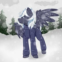 Size: 1024x1024 | Tagged: safe, artist:ritork, derpibooru import, oc, oc:lunara moonstone, unofficial characters only, crystal pony, pegasus, pony, clothes, colored wings, commission, crystal pegasus, crystal pony oc, crystallized, cute, female, image, jpeg, mare, outdoors, pegasus oc, snow, snowfall, solo, spread wings, suit, two toned wings, wings, ych result