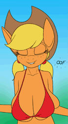 Size: 1107x2000 | Tagged: suggestive, artist:creatiffy, derpibooru import, applejack, anthro, earth pony, pony, alternate hairstyle, animated, belly button, big breasts, bikini, bouncing, bouncing breasts, breasts, busty applejack, cleavage, clothes, female, freckles, gif, huge breasts, image, jump rope, jumping, loop, mare, pigtails, red swimsuit, solo, solo female, swimsuit, twintails