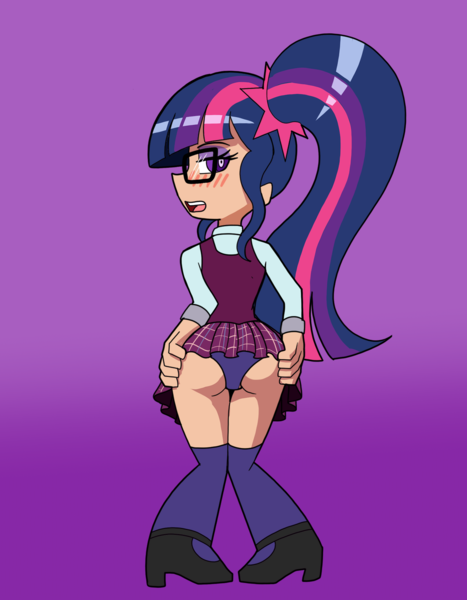 Size: 1400x1800 | Tagged: suggestive, artist:zachc, derpibooru import, sci-twi, twilight sparkle, human, equestria girls, butt, clothes, commission, crystal prep academy uniform, female, glasses, high heels, image, looking at you, looking back, looking back at you, panties, png, rear view, school uniform, shoes, skirt, skirt lift, solo, underwear