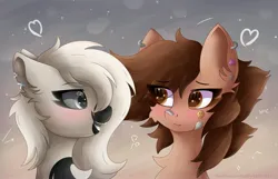 Size: 3491x2252 | Tagged: safe, artist:gaffy, derpibooru import, oc, oc:anna, oc:devilvoice, bat pony, earth pony, bat pony oc, bat wings, blushing, cheek fluff, chest fluff, ear fluff, ear piercing, earth pony oc, heart, holiday, image, jpeg, looking at each other, looking at someone, piercing, valentine's day, wings