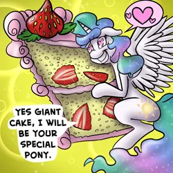 Size: 500x500 | Tagged: safe, artist:fauxsquared, derpibooru import, edit, princess celestia, alicorn, pony, cake, cakelestia, cropped, food, giant cake, heart, heart eyes, image, png, special somepony, strawberry, text, trixie is magic, wingding eyes