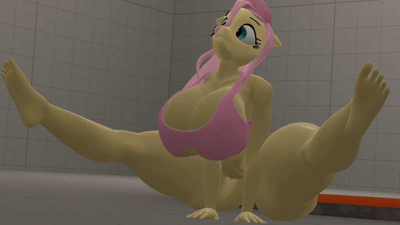 Size: 1280x720 | Tagged: questionable, artist:snuddy, fluttershy, anthro, pegasus, plantigrade anthro, 3d, barefoot, big breasts, breasts, busty fluttershy, clothes, exercise, feet, female, fetish, foot fetish, huge breasts, image, png, solo, source filmmaker, tanktop, tight clothing, wingless, wingless anthro, yoga