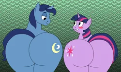 Size: 2478x1487 | Tagged: suggestive, artist:wolfox90210, derpibooru import, night light, twilight sparkle, pony, unicorn, blushing, butt, duo, duo male and female, father and child, father and daughter, female, g4, huge butt, image, large butt, looking at someone, male, mare, png, stallion, the ass was fat