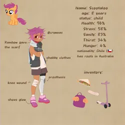 Size: 2048x2048 | Tagged: safe, artist:cryweas, derpibooru import, scootaloo, human, pegasus, pony, alternate hairstyle, alternate universe, amputee, apocalypse, australian, bag, bandage, bandaid, bandaid on nose, brown background, child, chile, clothes, dark skin, female, filly, foal, food, gloves, humanized, image, jacket, jpeg, prosthetic leg, prosthetic limb, prosthetics, reference sheet, sandwich, scarf, scooter, shoes, shorts, simple background, smile virus, sneakers, socks, solo, tanktop, torn clothes