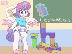 Size: 2400x1800 | Tagged: safe, artist:stargal galexi, derpibooru import, princess flurry heart, alicorn, anthro, pony, unguligrade anthro, belly button, blushing, building blocks, chalkboard, clothes, colored wings, crayon, cute, diaper, diaper fetish, drawing, female, fetish, filly, floppy ears, flurrybetes, foal, g4, image, levitation, magic, magic aura, non-baby in diaper, older, older flurry heart, png, poofy diaper, shirt, solo, spread wings, t-shirt, telekinesis, unshorn fetlocks, wavy mouth, wings