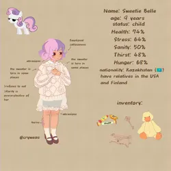 Size: 2048x2048 | Tagged: safe, artist:cryweas, derpibooru import, sweetie belle, bird, duck, human, pony, unicorn, alternate hairstyle, alternate universe, apocalypse, box, brown background, burn marks, burned, candy, child, clothes, female, filly, flats, foal, food, humanized, image, jpeg, kazakhstan, key, plushie, reference sheet, scar, shoes, shorts, simple background, smile virus, socks, solo, sweater, sweets, torn clothes