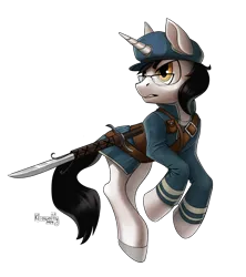 Size: 2513x2826 | Tagged: safe, artist:kleowolfy, derpibooru import, oc, oc:page turner, unofficial characters only, unicorn, clothes, dishonored, horn, image, png, sword, unicorn oc, uniform, weapon