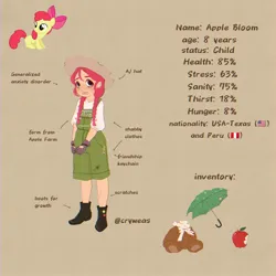 Size: 2048x2048 | Tagged: safe, artist:cryweas, derpibooru import, apple bloom, human, pony, alternate hairstyle, alternate universe, anxiety, apocalypse, apple, applejack's hat, boots, braces, brown background, child, clothes, cowboy hat, female, fluffy, food, freckles, gloves, gritted teeth, hat, humanized, image, implied cutie mark crusaders, implied scootaloo, implied sweetie belle, jpeg, keychain, mare, overalls, peru, plushie, reference sheet, scared, shirt, shoes, simple background, smile virus, solo, sticker, t-shirt, teddy bear, teeth, torn clothes, umbrella
