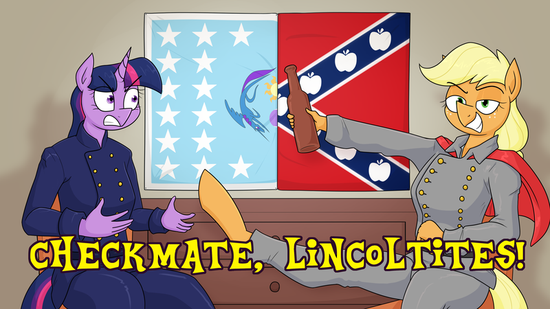 Size: 3837x2158 | Tagged: safe, artist:moonatik, derpibooru import, applejack, twilight sparkle, anthro, earth pony, pony, unguligrade anthro, unicorn, american civil war, angry, beer bottle, bottle, cape, clothes, confederate, confederate flag, duo, female, flag, flag of equestria, image, kicking, mare, military uniform, mouthpiece, parody, png, unicorn twilight, uniform