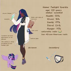 Size: 2048x2048 | Tagged: safe, artist:cryweas, derpibooru import, twilight sparkle, twilight sparkle (alicorn), alicorn, human, pony, alternate hairstyle, alternate universe, apocalypse, book, boots, brown background, clothes, coat, dark skin, face mask, female, gas mask, glasses, gloves, humanized, image, indian, jpeg, lab coat, leggings, mare, mask, reference sheet, scalpel, shoes, simple background, skirt, smile virus, socks, solo, syringe, test tube