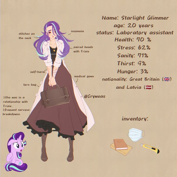 Size: 2048x2048 | Tagged: safe, artist:cryweas, derpibooru import, starlight glimmer, human, pony, unicorn, alternate hairstyle, alternate universe, apocalypse, bag, bags under eyes, bandage, blood, book, boots, box cutter, brown background, clothes, coat, dress, face mask, female, freckles, gown, humanized, image, implied lesbian, implied shipping, implied startrix, implied trixie, jewelry, jpeg, knife, latvia, mare, mask, necklace, reference sheet, sad, scar, self harm, self harm scars, shoes, simple background, smile virus, solo