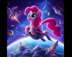 Size: 1294x1026 | Tagged: safe, ai content, derpibooru import, machine learning generated, pinkie pie, castle, female, image, jpeg, planet, prompter:pinkiepiepics, rocket, solo, space