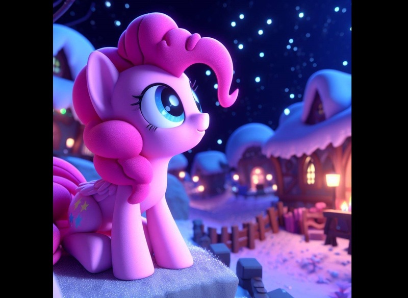Size: 1400x1022 | Tagged: safe, ai content, derpibooru import, machine learning assisted, machine learning generated, pinkie pie, earth pony, pony, image, jpeg, looking up, night, prompter:pinkiepiepics, sky, snow, solo, stars, winter