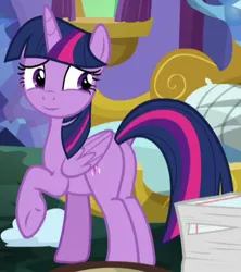 Size: 397x447 | Tagged: safe, derpibooru import, edit, edited screencap, editor:twilyisbestpone, screencap, twilight sparkle, twilight sparkle (alicorn), alicorn, pony, molt down, season 8, spoiler:s08, butt, cropped, female, g4, image, inverted mouth, mare, plot, png, raised hoof, smiling, solo, twibutt