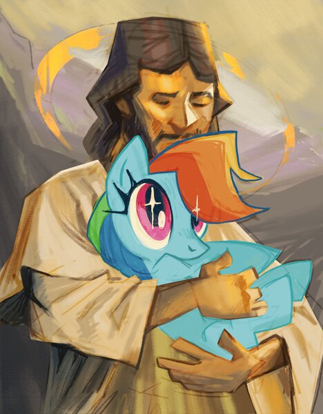 Size: 1597x2048 | Tagged: safe, artist:valorous_kid, derpibooru import, rainbow dash, human, pegasus, pony, crossover, duo, female, g4, holding a pony, image, jesus christ, jpeg, male, mare