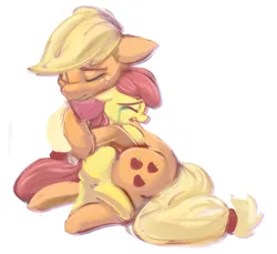 Size: 1132x1036 | Tagged: safe, artist:applepost67, derpibooru import, apple bloom, applejack, earth pony, pony, apple sisters, crying, female, filly, foal, hatless, hug, image, mare, missing accessory, png, siblings, simple background, sisters, white background