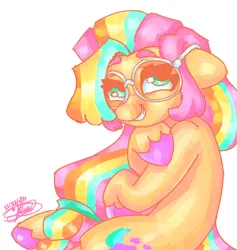 Size: 3600x3800 | Tagged: safe, artist:mannybcadavera, derpibooru import, sunny starscout, earth pony, pony, g5, female, floppy ears, glasses, grin, high res, image, looking at you, mare, png, round glasses, signature, simple background, smiling, smiling at you, solo, unshorn fetlocks, white background