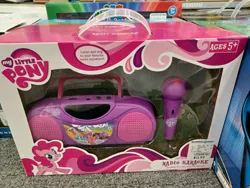 Size: 4000x3000 | Tagged: safe, derpibooru import, pinkie pie, rainbow dash, twilight sparkle, twilight sparkle (alicorn), alicorn, cardboard twilight, female, g4, image, irl, jpeg, karaoke, logo, mane three, merchandise, my little pony logo, photo, radio, shoppers world, trio, trio female