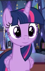 Size: 377x594 | Tagged: safe, derpibooru import, edit, edited screencap, editor:twilyisbestpone, screencap, twilight sparkle, twilight sparkle (alicorn), alicorn, pony, a rockhoof and a hard place, season 8, spoiler:s08, cropped, cute, female, g4, image, inverted mouth, png, smiling, solo, twiabetes, twilight's castle