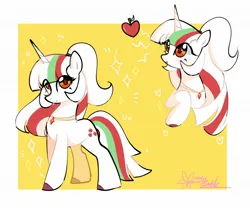 Size: 2048x1723 | Tagged: safe, artist:petaltwinkle, derpibooru import, oc, unofficial characters only, pony, unicorn, border, eye clipping through hair, female, fruit, heart shaped, image, jewelry, jpeg, mare, necklace, signature, simple background, smiling, solo, yellow background