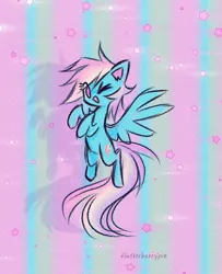 Size: 1214x1492 | Tagged: safe, artist:flutterberrypie, derpibooru import, rainbow dash, pegasus, pony, cute, dashabetes, female, flying, gradient background, heart, image, looking at you, mare, one eye closed, open mouth, open smile, png, rainbow background, signature, smiling, smiling at you, solo, spread wings, stars, wings, wink, winking at you