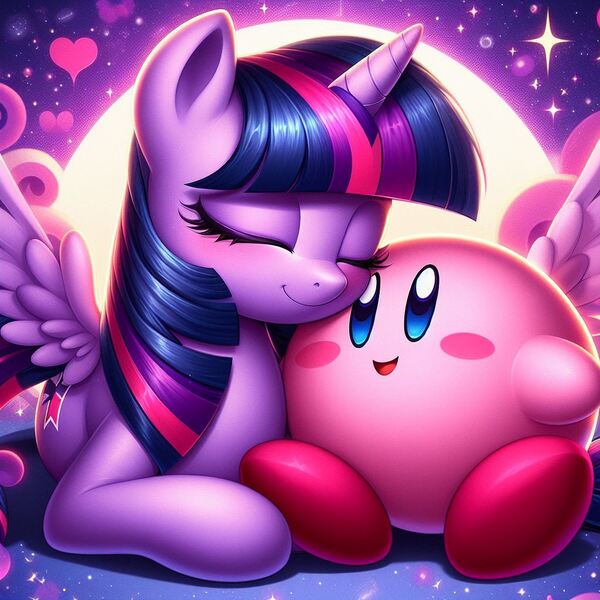 Size: 1024x1024 | Tagged: safe, ai content, derpibooru import, machine learning generated, twilight sparkle, twilight sparkle (alicorn), alicorn, crossover, cuddling, cute, generator:bing image creator, image, jpeg, kirby, kirby (series), mama twilight, nintendo, wrong cutie mark