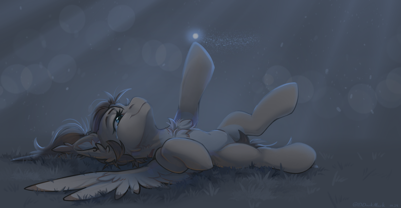 Size: 2509x1305 | Tagged: safe, artist:dorkmark, derpibooru import, firefly, oc, unofficial characters only, chest fluff, crying, image, lying down, on back, png, rain, reaching, scar, smiling, spread wings, tears of joy, wings