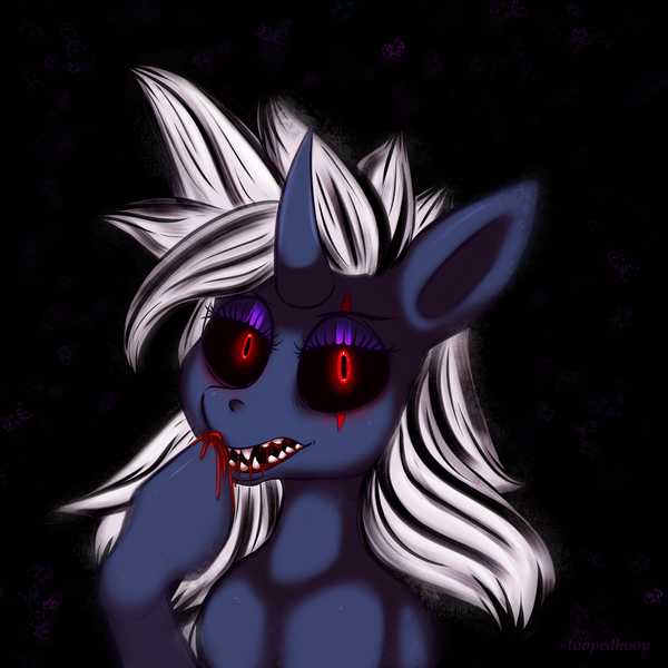 Size: 1050x1050 | Tagged: safe, artist:stoopedhooy, derpibooru import, oc, pony, unicorn, black sclera, blood, bust, dark background, horn, image, png, portrait, red eyes, sharp teeth, solo, teeth, unicorn oc