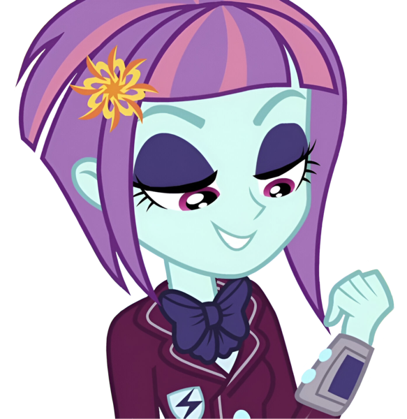 Size: 1394x1434 | Tagged: safe, derpibooru import, sunny flare, human, equestria girls, hasbro, image, looking down, png, shadowbolts, simple background, smiling, solo, transparent background