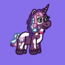 Size: 1000x1000 | Tagged: safe, artist:mintwhistle, derpibooru import, violette rainbow, pony, unicorn, g5, coat markings, colored hooves, dreadlocks, female, filly, foal, image, jewelry, medibang paint, multicolored mane, multicolored tail, necklace, pinto, png, purple background, simple background, smiling, solo, tail, tricolor mane, tricolor tail, unshorn fetlocks, vitiligo