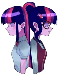 Size: 1614x2048 | Tagged: safe, artist:cerise, derpibooru import, sci-twi, twilight sparkle, human, equestria girls, bust, clothes, duo, frown, glasses, hairpin, image, jpeg, simple background, smiling, white background