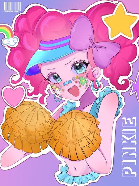 Size: 1536x2048 | Tagged: safe, artist:cerise, derpibooru import, pinkie pie, human, equestria girls, bow, bust, cheerleader, cheerleader outfit, clothes, gradient background, hair bow, hat, image, jpeg, open mouth, smiling, solo, text