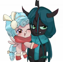 Size: 2048x1993 | Tagged: safe, artist:cerise, derpibooru import, cozy glow, queen chrysalis, changeling, changeling queen, pegasus, boots, bow, clothes, duo, female, flying, frown, hair bow, image, jpeg, one eye closed, scarf, shoes, simple background, smiling, white background, wink