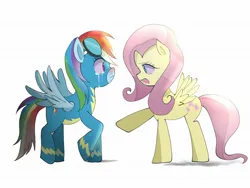 Size: 2048x1536 | Tagged: safe, artist:cerise, derpibooru import, fluttershy, rainbow dash, pegasus, pony, clothes, crying, duo, image, jpeg, looking at each other, looking at someone, open mouth, simple background, smiling, uniform, white background, wonderbolts uniform