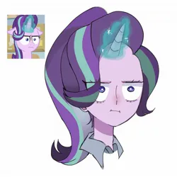 Size: 1982x1982 | Tagged: safe, artist:cerise, derpibooru import, starlight glimmer, anthro, unicorn, marks for effort, season 8, spoiler:s08, :i, bust, clothes, g4, i mean i see, image, jpeg, magic, screencap reference, simple background, solo, white background