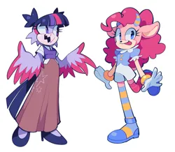 Size: 2048x1784 | Tagged: safe, artist:olivashko, derpibooru import, pinkie pie, twilight sparkle, anthro, bird, goat, owl, plantigrade anthro, clothes, dress, duo, duo female, female, high heels, horns, image, mobian, png, shoes, simple background, socks, sonic the hedgehog (series), sonicified, species swap, standing, standing on one leg, striped socks, tongue out, white background
