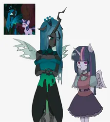 Size: 1853x2048 | Tagged: safe, artist:cerise, derpibooru import, queen chrysalis, alicorn, anthro, changeling, changeling queen, bowtie, clothes, dress, duo, evil twilight, female, frown, image, jpeg, simple background, skirt, white background, wings