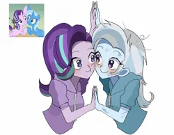 Size: 1585x1232 | Tagged: safe, artist:cerise, derpibooru import, starlight glimmer, trixie, human, equestria girls, blushing, clothes, duo, female, holding hands, hoodie, image, jpeg, lesbian, looking at each other, looking at someone, shipping, simple background, smiling, smiling at each other, startrix, white background