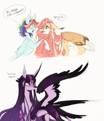 Size: 4272x5000 | Tagged: safe, artist:iheyyasyfox, derpibooru import, fluttershy, rainbow dash, twilight sparkle, twilight sparkle (alicorn), alicorn, pegasus, pony, absurd resolution, curved horn, dialogue, female, horn, image, long horn, mare, png, simple background, spanish, speech bubble, starry wings, tail, tail feathers, translation request, trio, white background, wings