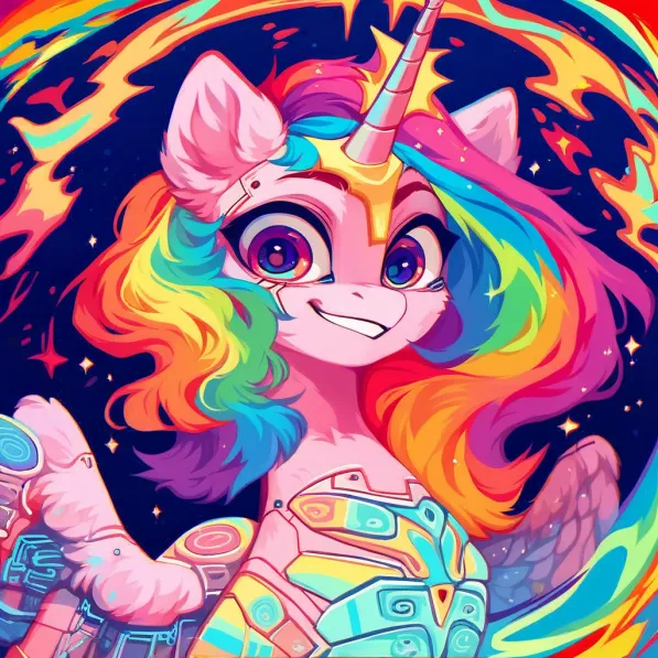 Size: 597x597 | Tagged: safe, ai content, derpibooru import, machine learning generated, prompter:barpy, stable diffusion, oc, oc:barpy, alicorn, cyborg, pony, adventurous, augmentation, augmented, cute, cyberpunk, divine, energetic, enhanced, fluffy, futuristic, genderless, generator:dall-e 3, generator:pony diffusion v6 xl, generator:purplesmart.ai, high energy, image, king, looking at you, machine, magic, majestic, melting, multicolored hair, neurotechnology, pink fur, png, posthuman, princess, psychedelic, queen, rainbow hair, smiling, smirk, transhumanist