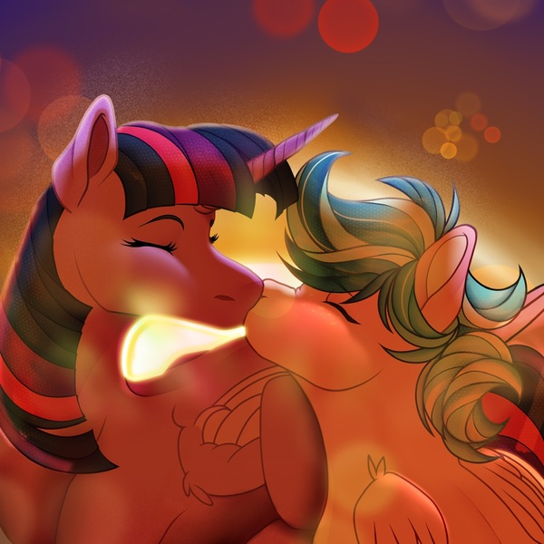 Size: 1773x1773 | Tagged: safe, derpibooru import, twilight sparkle, twilight sparkle (alicorn), oc, alicorn, pegasus, pony, canon x oc, eyes closed, female, image, jpeg, kiss on the lips, kissing, lesbian, mare, romance, shipping, sunset