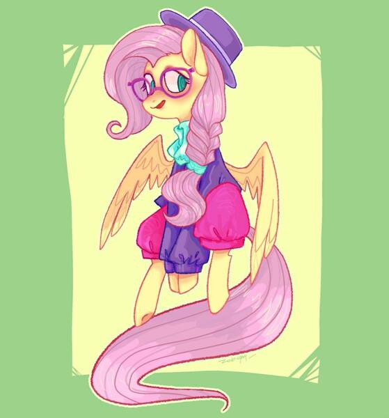 Size: 1006x1080 | Tagged: safe, artist:juhnmeii, derpibooru import, fluttershy, pegasus, pony, alternate hairstyle, clothes, female, glasses, hat, hipstershy, image, jacket, jpeg, mare, open mouth, open smile, passepartout, scarf, sitting, smiling, solo