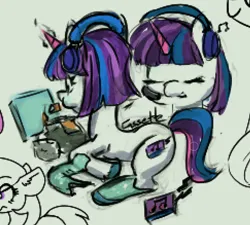 Size: 882x795 | Tagged: artist needed, safe, derpibooru import, unnamed character, unnamed pony, pony, unicorn, g5, aggie.io, cassette jam, chips, clothes, eating, eyes closed, female, food, headphones, headset, image, lying down, magic, mare, music notes, open mouth, png, ponyloaf, prone, simple background, smiling, socks, stockings, tablet, text, thigh highs